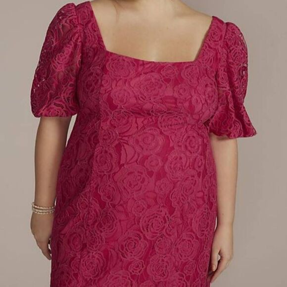 NWT DB Studio Plus Size 18 Puff Short Sleeve Lace Sheath Dress in Fuchsia - Picture 3 of 4
